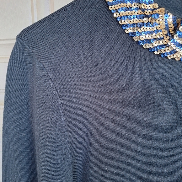 Venus Blue/Gold Sequin Collar Sweater SzL Long Sleeve Smooth Knit Classic - Picture 11 of 12